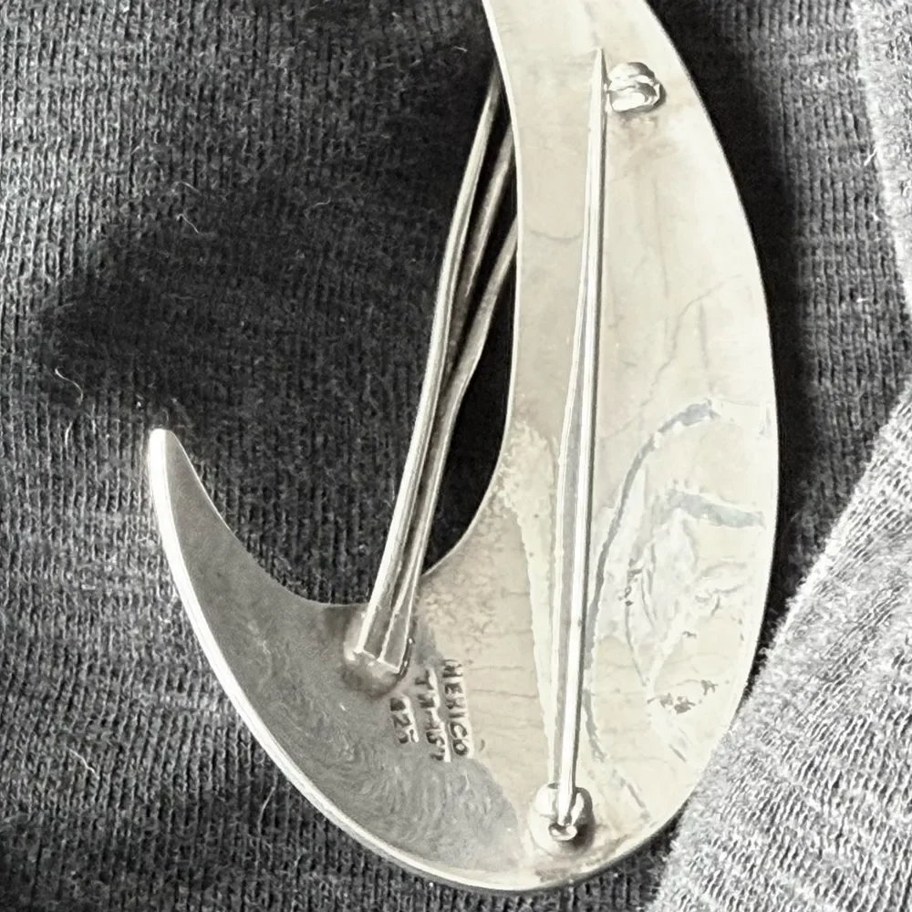 Vintage Taxco Mexican Sterling Silver Modernist Cresent Brooch TM-157 925 Large